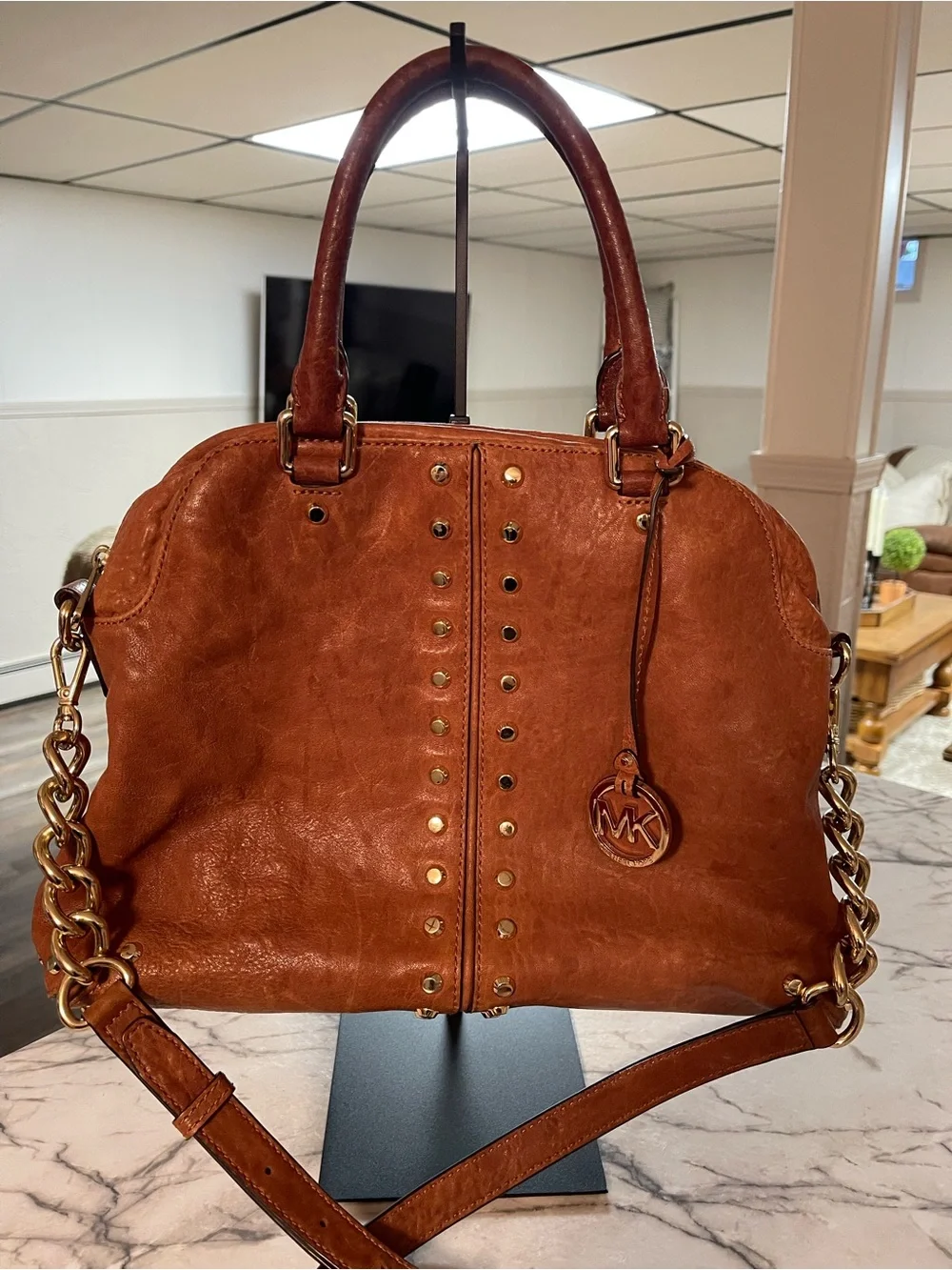 Michael Kors Cognac Leather Studded Shoulder Satchel